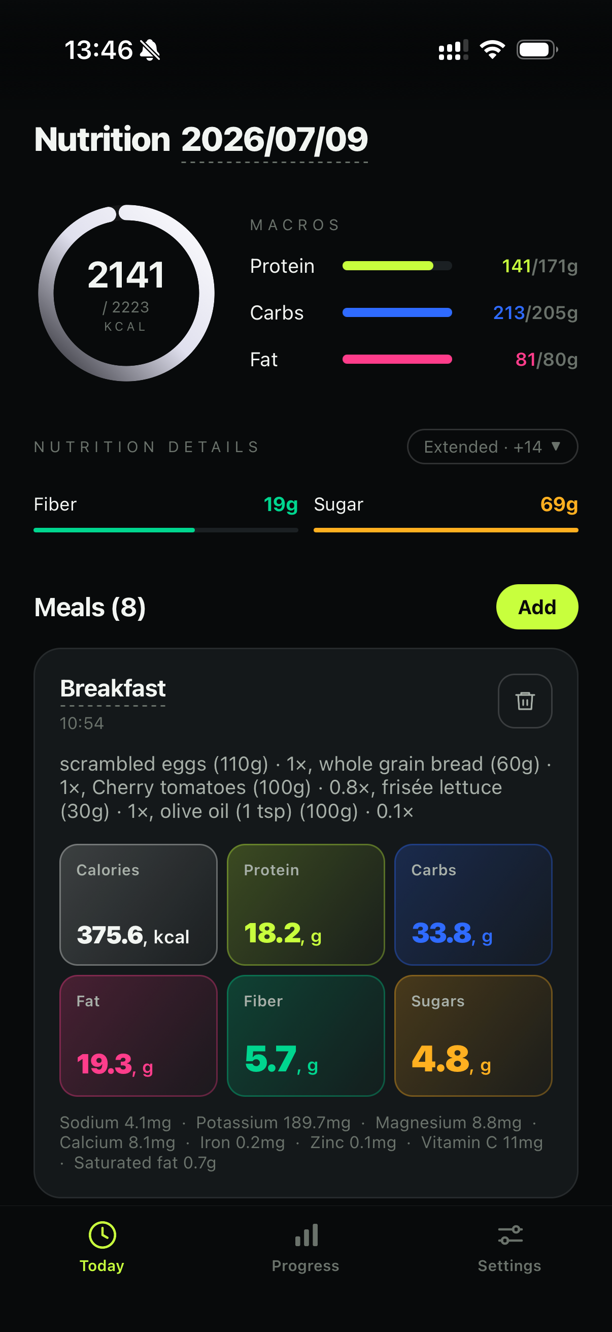 MacroDrop app — today screen with macros and extended nutrients